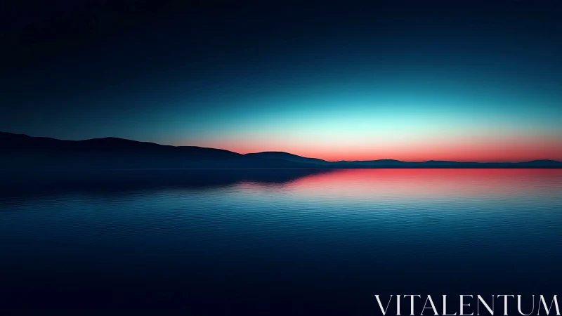 Twilight horizon over still water with cyan magenta gradient glow