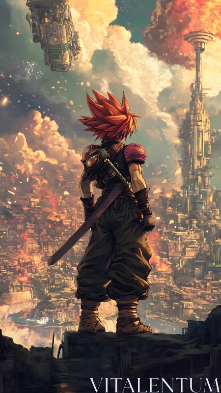 Sword‑wielding hero surveys blazing cyberpunk sky city