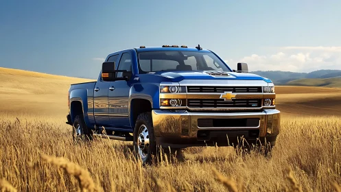 Heavy-duty blue pickup truck with chrome accents in grain field