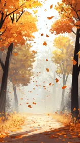 Autumn forest pathway with cascading golden leaves and atmospheric perspective.