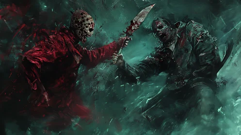 Masked knife-wielding figures in violent underwater struggle.