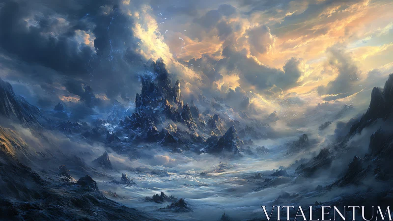 Digital painting of glacial spires under storm-lit sky.