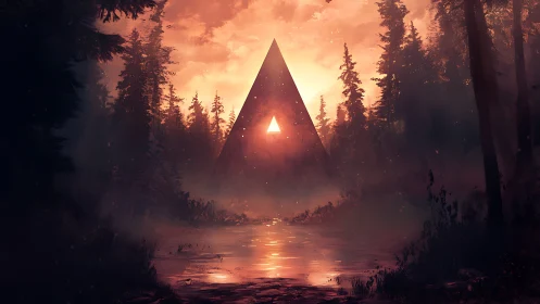 Triangular monolith glows over misty forest wetland at dusk