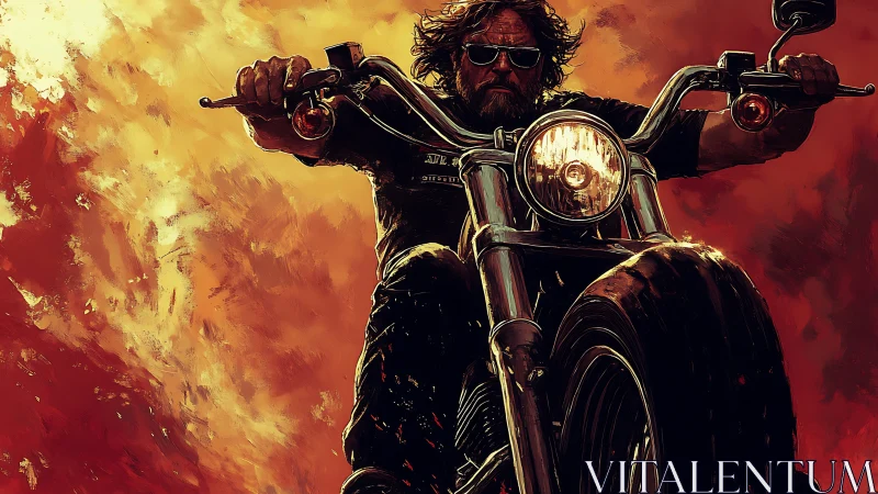 Bearded biker rides chrome motorcycle through blazing sky