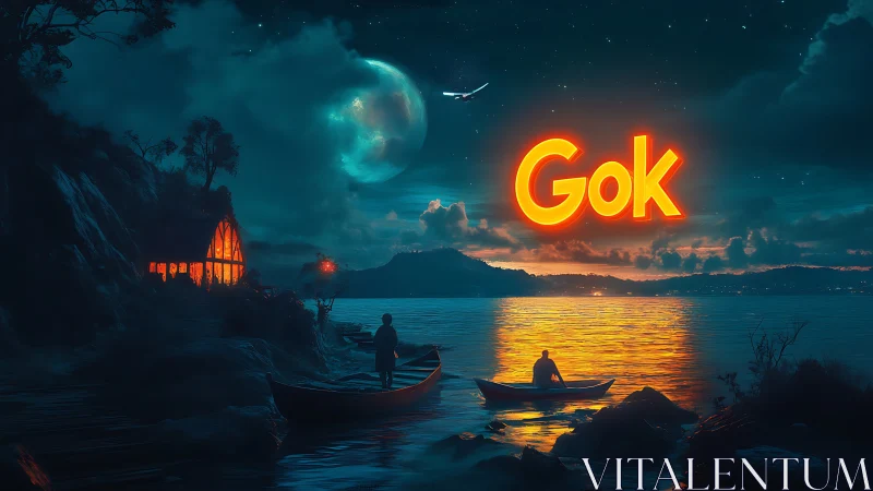 Night lake scene shows glowing text above reflective water