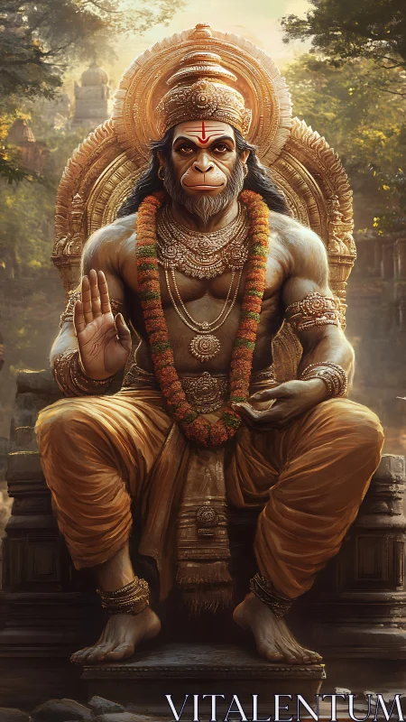 Divine simian deity seated on ornate throne with realistic lighting