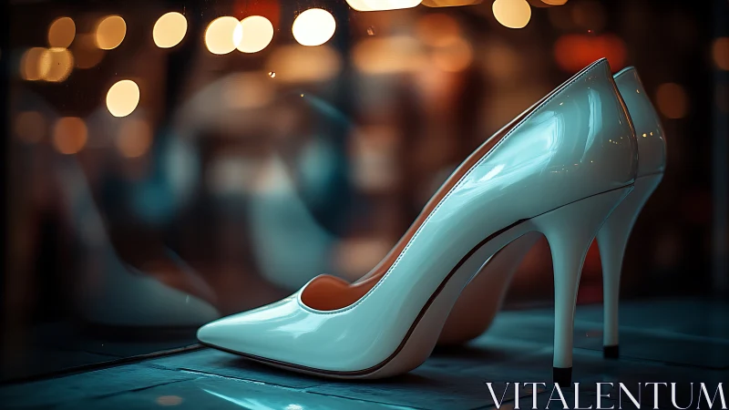 Elegant white heels glowing softly in a dreamy city window.