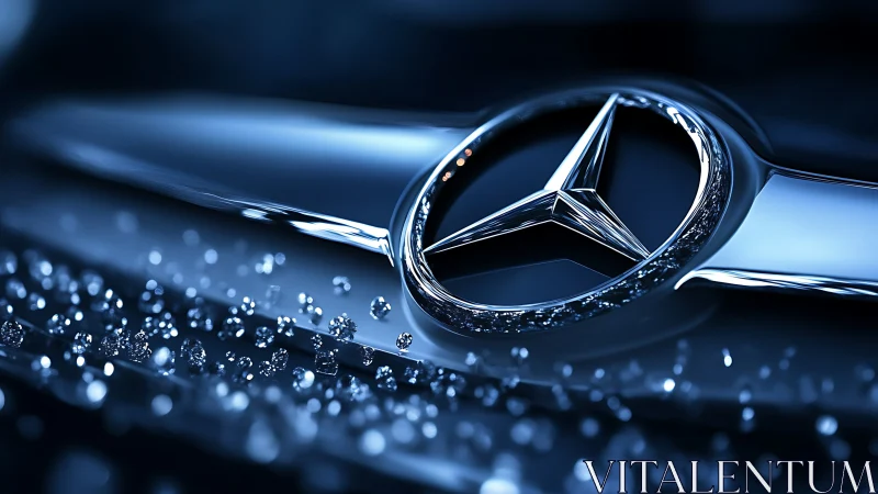 Gleaming silver car emblem rests among shimmering droplets