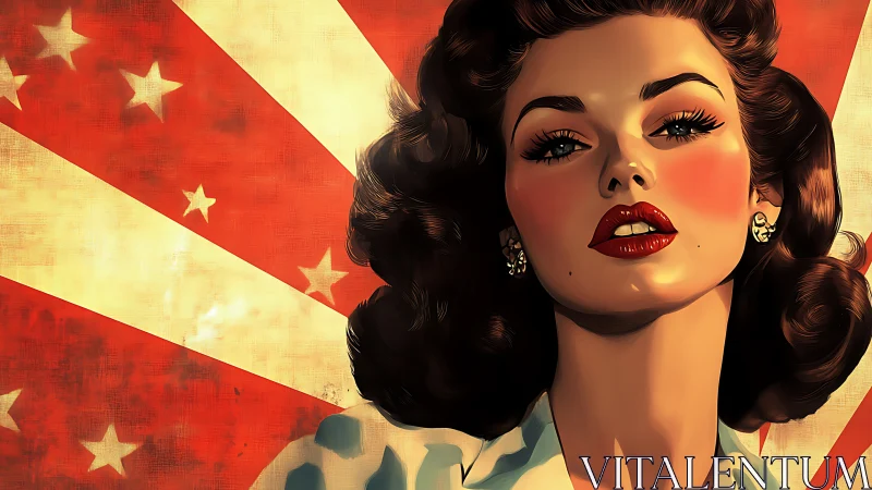 Radiant retro beauty glowing before a bold starry flag.