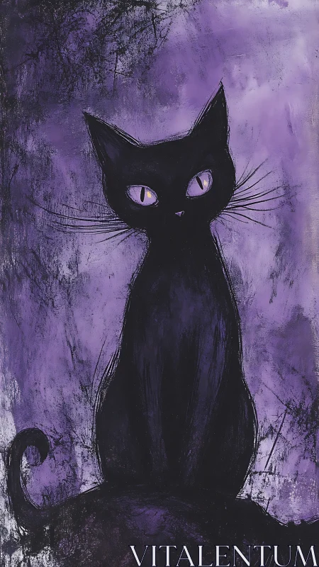 Black Cat with Glowing Purple Eyes Against Violet Background