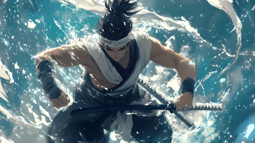Storm-slicing samurai surges through a whirl of ocean light.