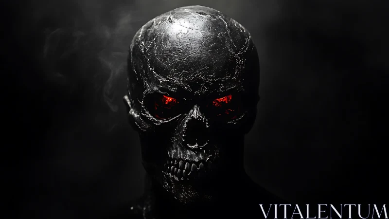 Black metallic skull with illuminated red eye sockets.