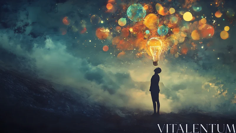 Silhouette gazing at glowing light bulb in surreal sky