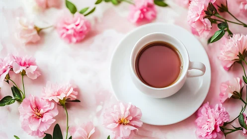 Pink Carnations Frame Steaming Tea in Porcelain Cup
