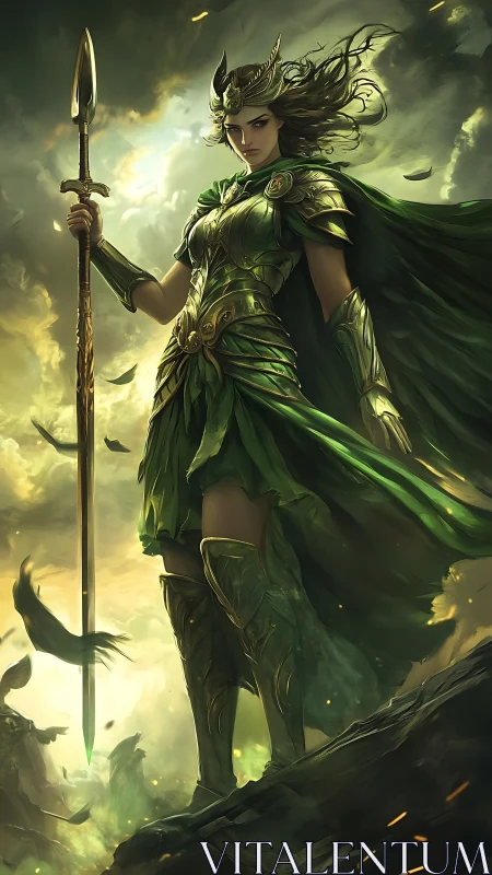 Stormlit warrior queen stands strong in emerald armor