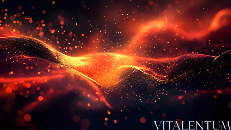 Abstract glowing waves of light with floating particles, digital art.