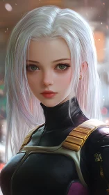 Silver-haired cyber operative in tactical exosuit portrait.