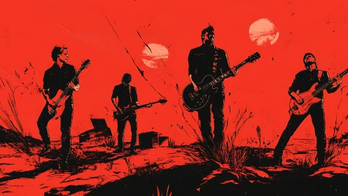 Rock band silhouettes in red desert landscape at sunset.