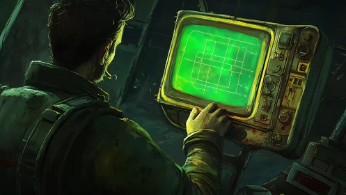 Man studying glowing radar screen in dim control room.