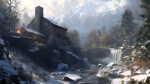 Snow-covered mountain stream flows past stone house and bridge