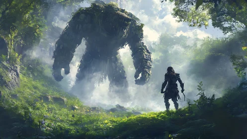 Forest warrior confronts colossal moss-forged stone titan.