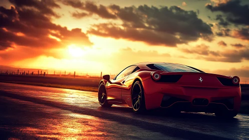 Sunset drive with a sleek red supercar on open road.