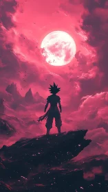 Lone warrior silhouetted beneath luminous crimson moon.