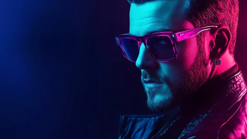 Neon-lit male portrait renders cyber-noir aesthetic in profile