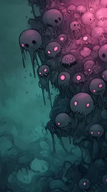 Clustered dripping orbs with pink eyes in teal void space.