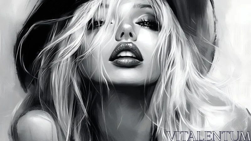 Monochrome digital portrait of woman with hat and tousled hair