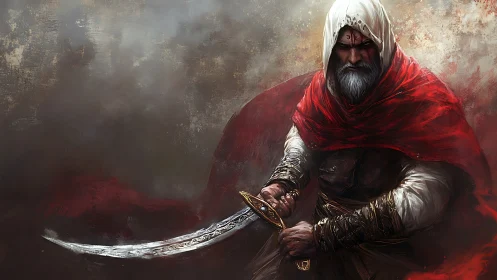 Hooded swordsman with curved blade in red cloak portrait.