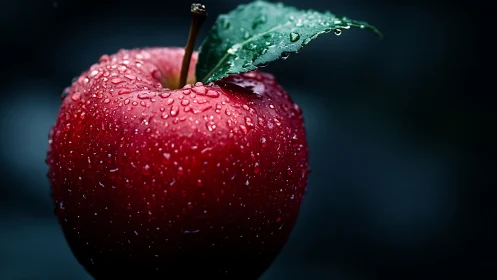 Dew-kissed red apple glows against a deep moody background