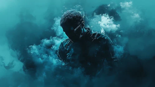 Solitary figure dissolves into cyan digital smoke cloud.