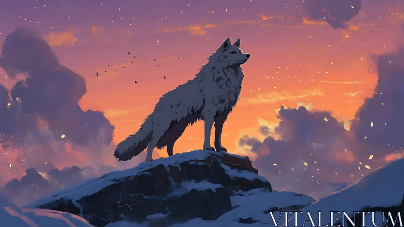 Twilight sentinel wolf crowned by ember-lit mountain sky.
