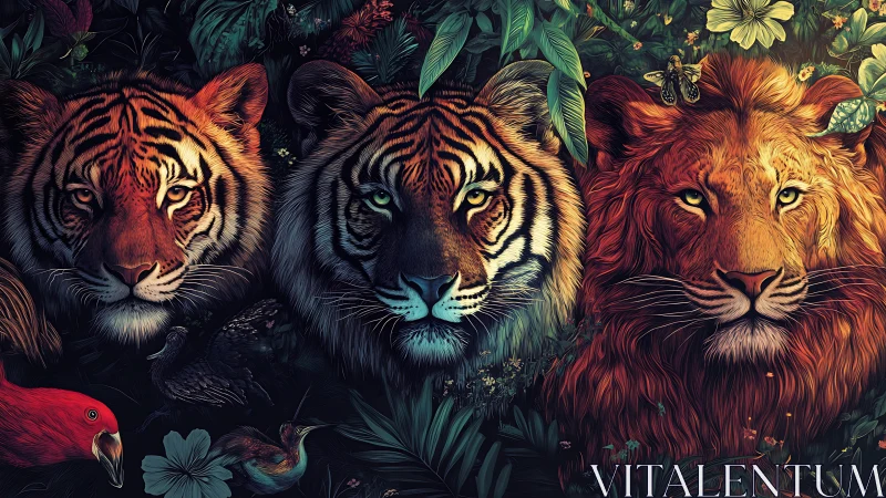 Tiger, Lion, Jungle. Vibrant Wildlife Art.