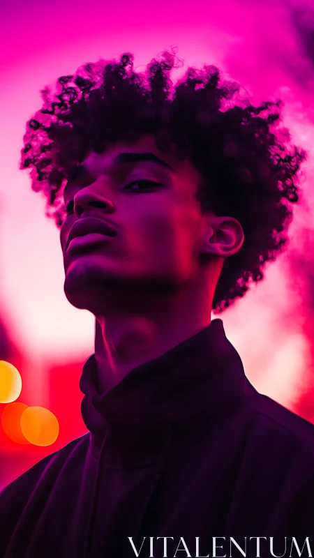 Portrait shows side-lit subject in saturated magenta lighting
