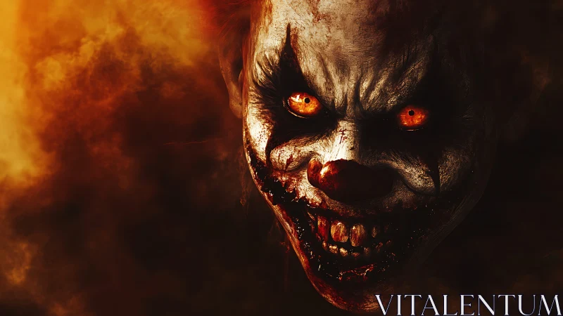 Sinister clown emerges from burning shadows with eerie glare.