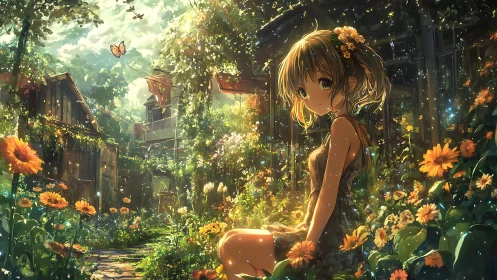 Girl sitting in sunlit garden courtyard with abundant flowers.