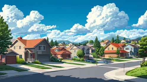 Sunny suburban street glows under bright clouds and blue sky