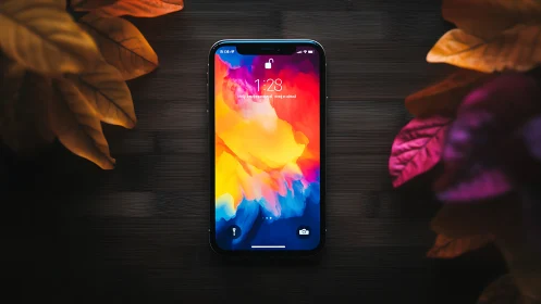 Liquid Gradient Smartphone Display Amid Botanical Elements.
