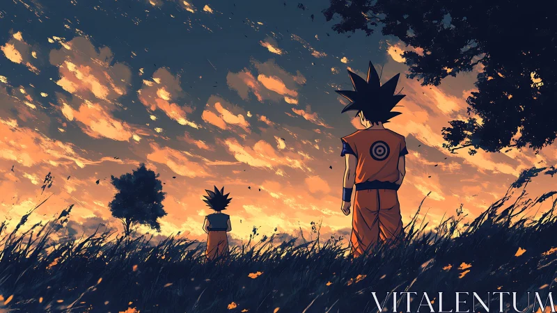 Spiky-haired warriors watch stormlit sunset sky over field