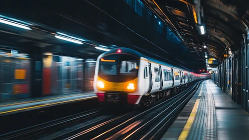 Low-light long exposure of electric commuter train entering station