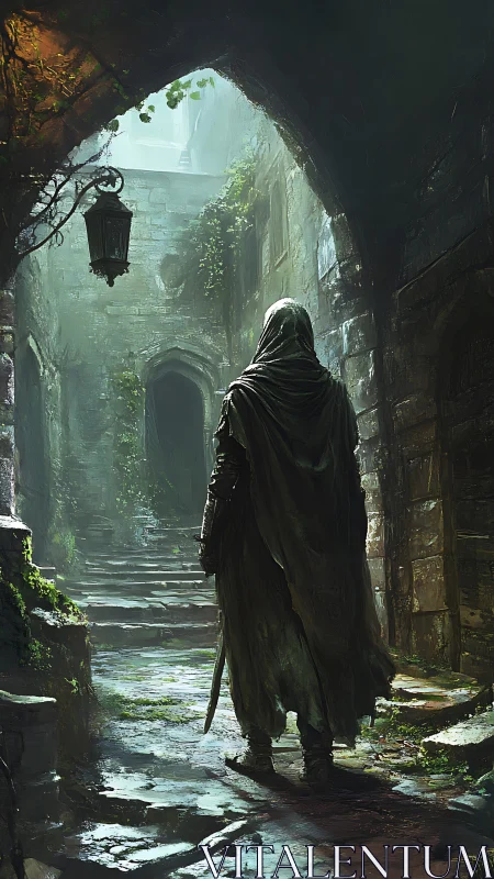 Cloaked figure in ivy-covered stone courtyard passageway.