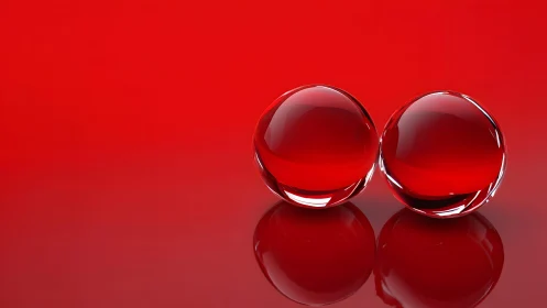 Red glass spheres on reflective surface in minimalist space.