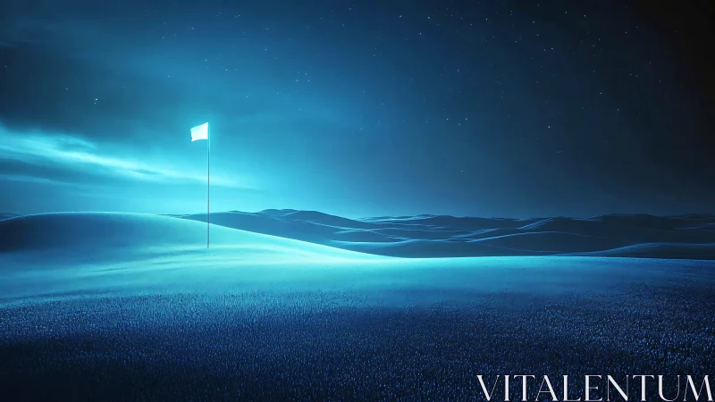Solitary flag stands over illuminated blue digital dunes