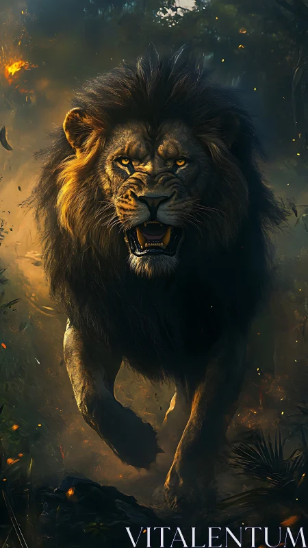 Combustive dusk charge of a hyper-detailed male lion.