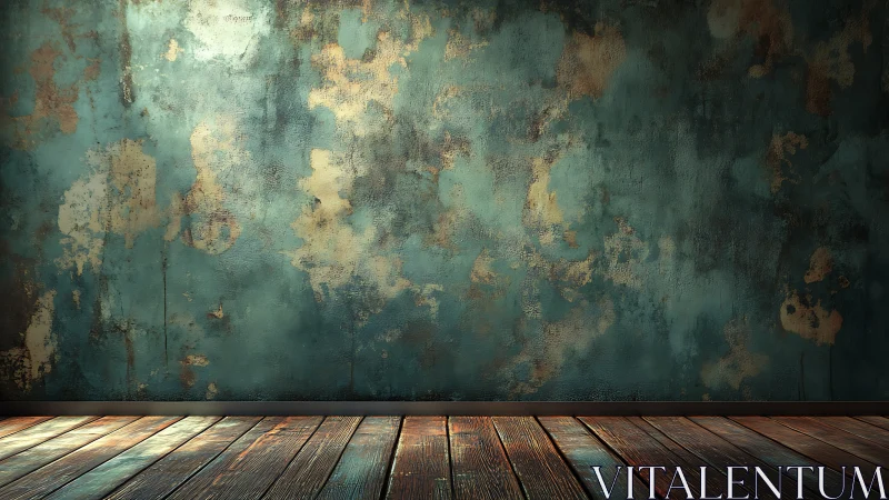 Weathered teal wall and moody wooden floor stage set.