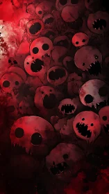 Layered red skull-like forms occupy the vertical frame