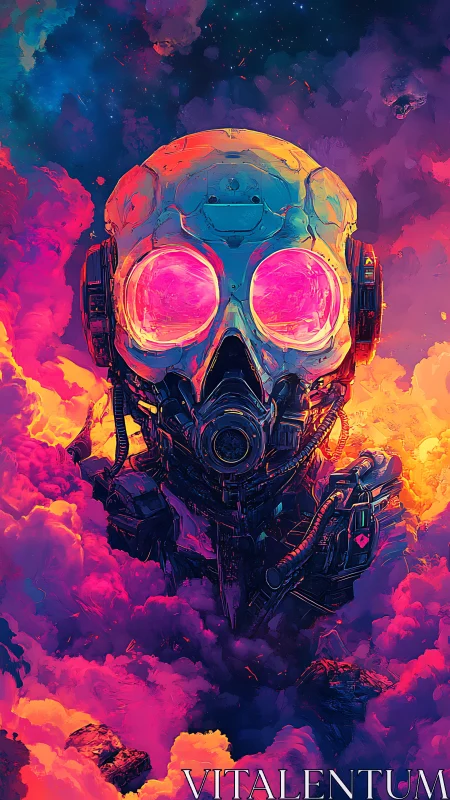 Futuristic helmeted figure suspended in multicolored clouds.