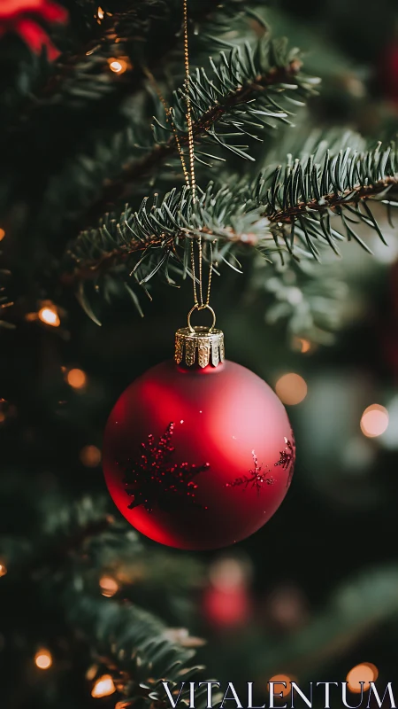 Crimson ornament glowing softly on a cozy evergreen tree.